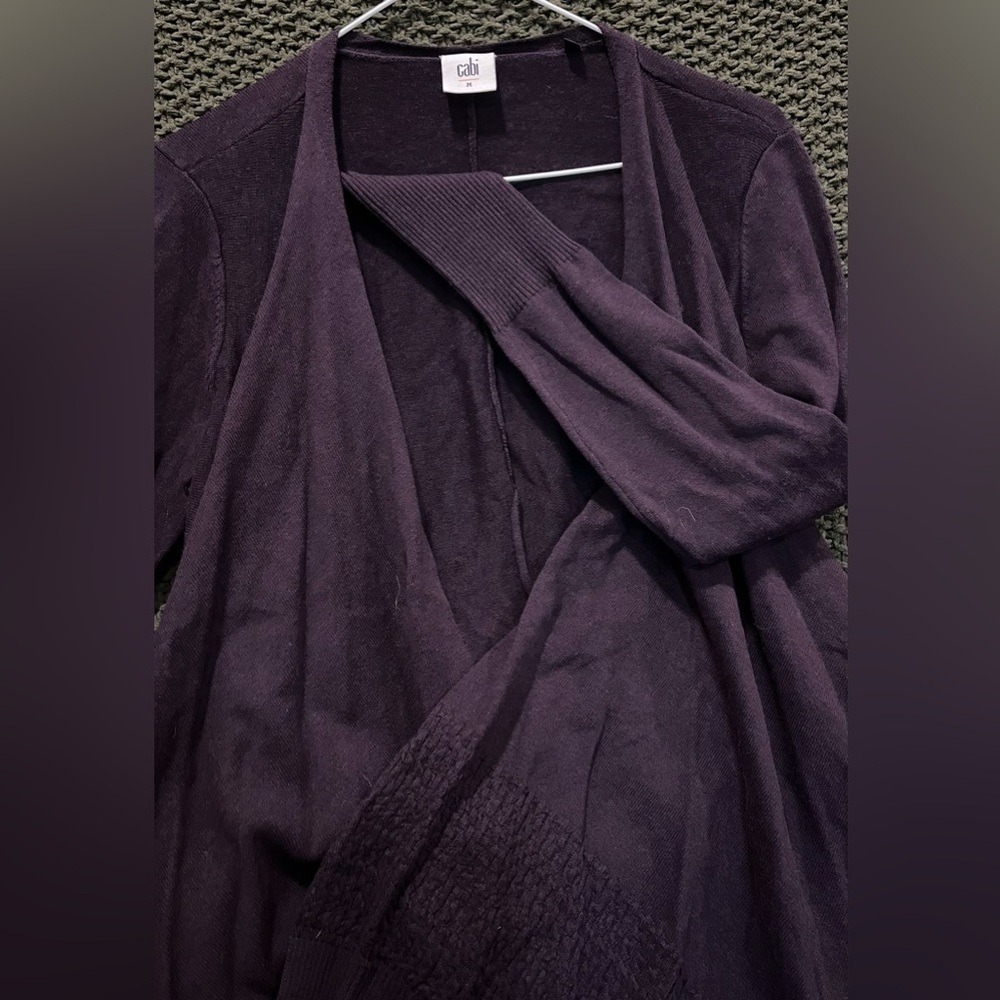 Cabi Women's Purple Sweater, Open Scarf-Hem, Crossing Detail on Back; Size M